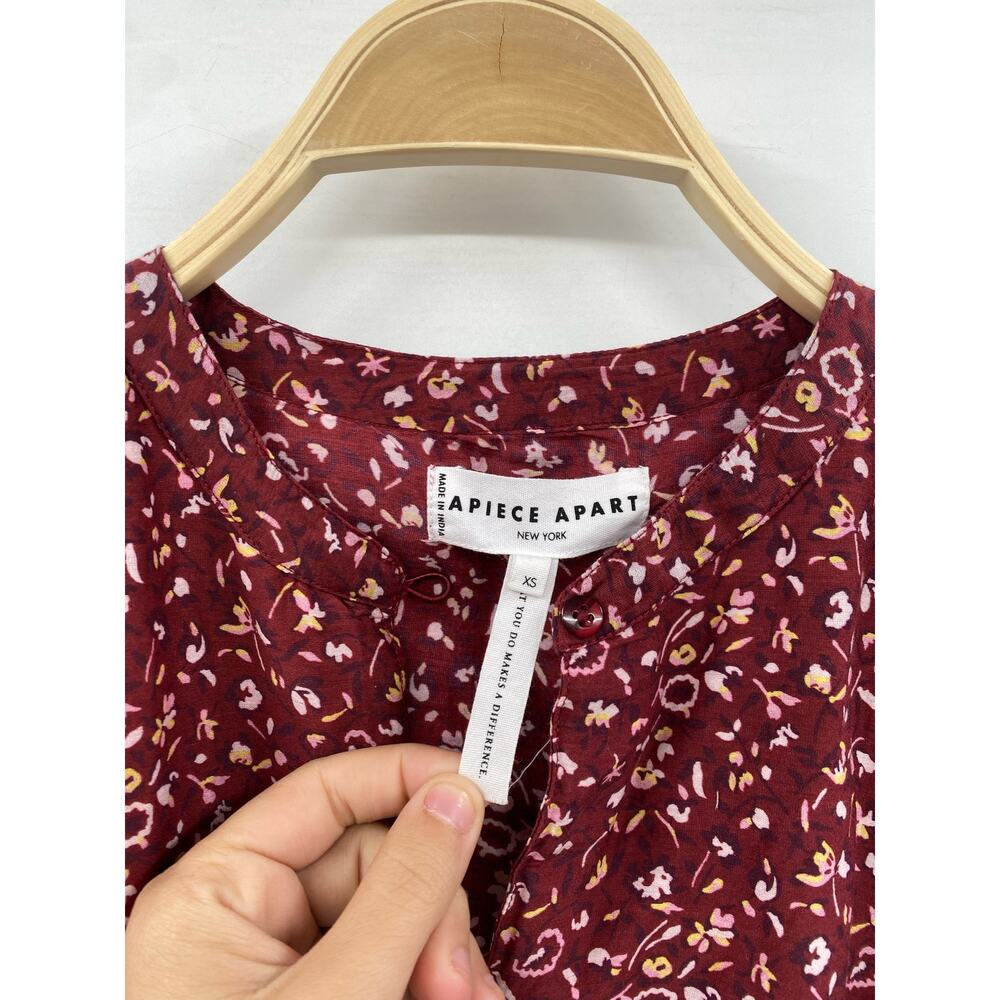 Apiece Apart Maroon Floral Smocked Waist Long Sleeve Mini Dress - Picture 3 of 5